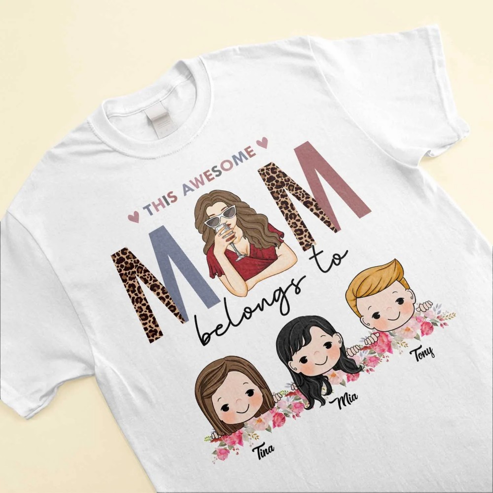 This Awesome Mom Belongs To – Personalized Shirt – Cute Kids Peeking